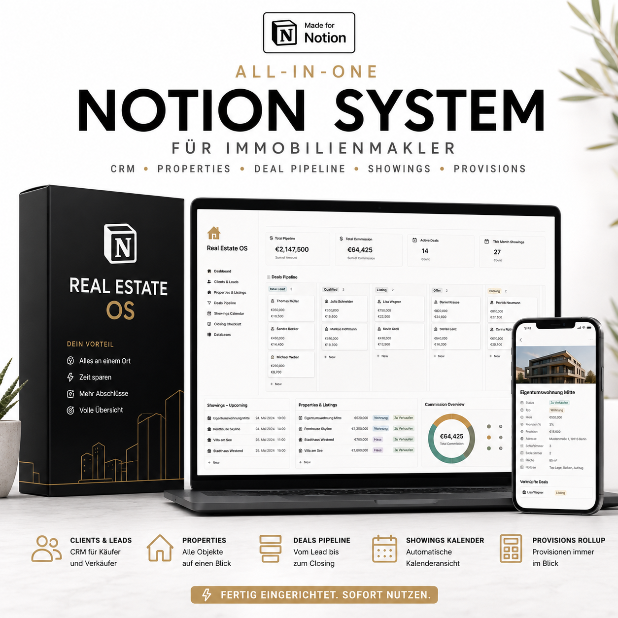 Real Estate Agent OS Notion-Template – Einzelversion: Vorschau des CRM- und Deal-Pipeline-Dashboards für Immobilienmakler