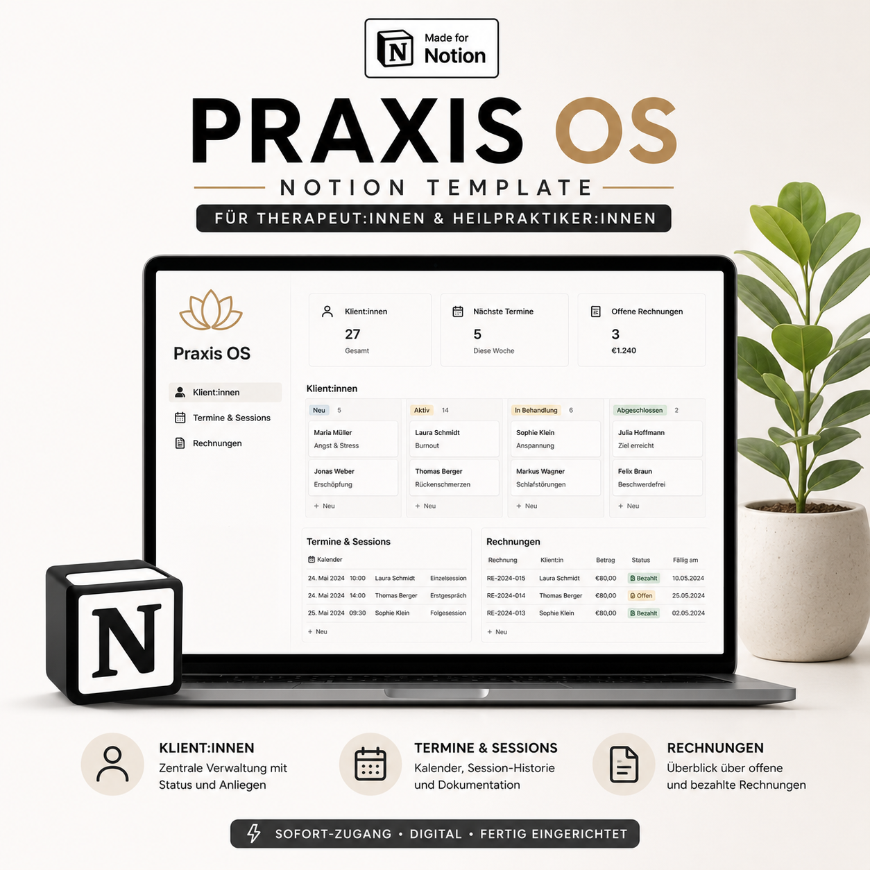 Praxis OS Notion-Template – Einzelversion: Klientenverwaltung, Termin- und Session-Historie und Rechnungs-Tracking für Therapeut:innen und Heilpraktiker:innen