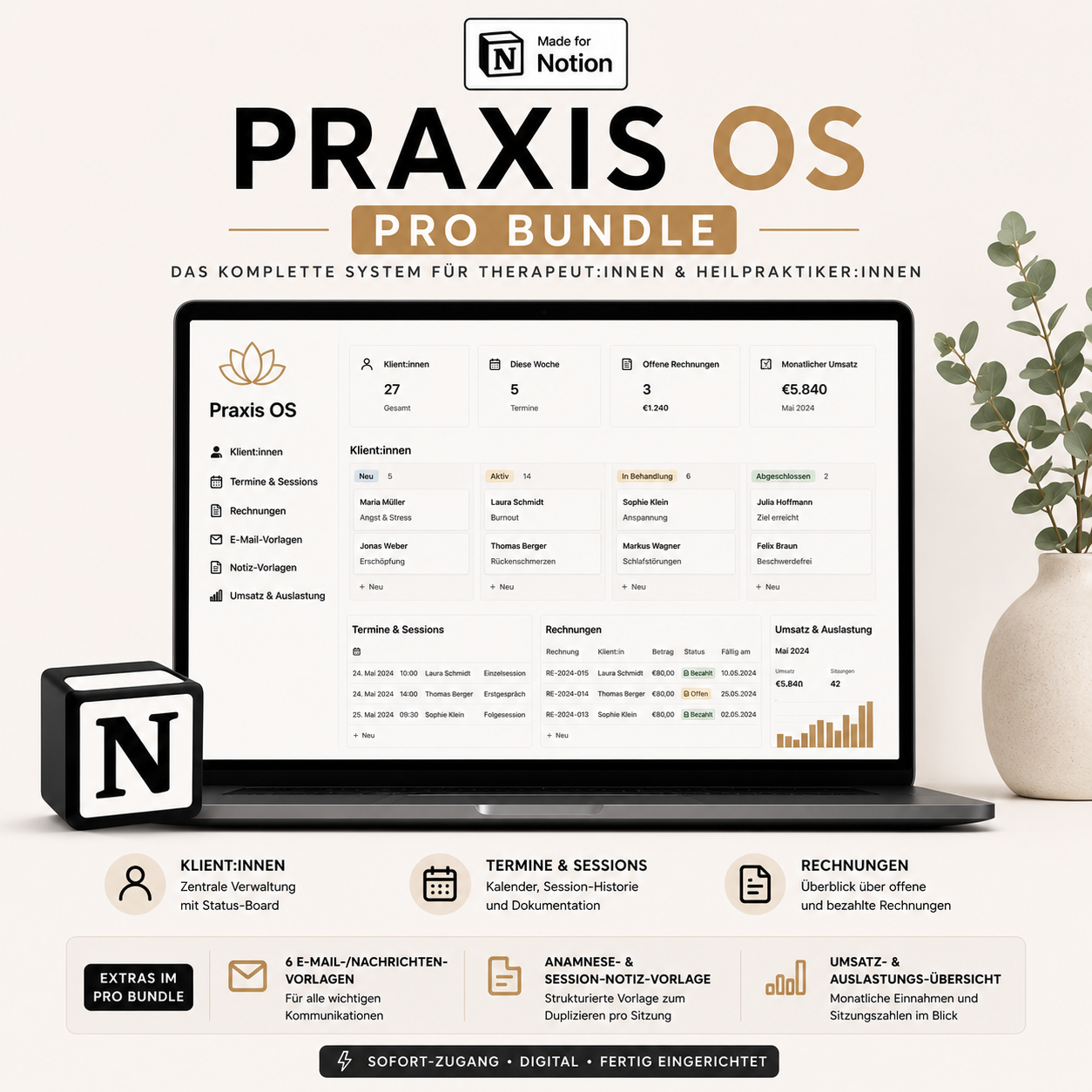 Praxis OS Notion-Template – Pro Bundle: Klientenverwaltung, Session-Kalender und Rechnungs-Tracking plus Praxis-Vorlagen für Therapeut:innen und Heilpraktiker:innen