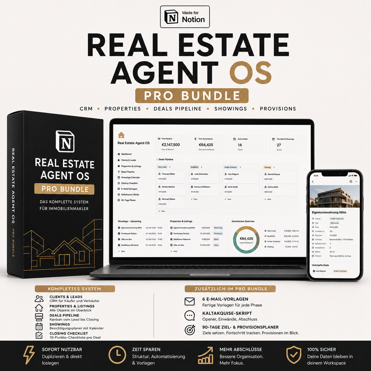 Real Estate Agent OS Notion-Template – Pro Bundle: CRM, Deal-Pipeline mit Provisions-Rollup und Bonus-Vorlagen für Immobilienmakler